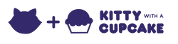 A purple logo with a cat head silhouette, plus sign, and a cupcake with the words "Kitty With A Cupcake"