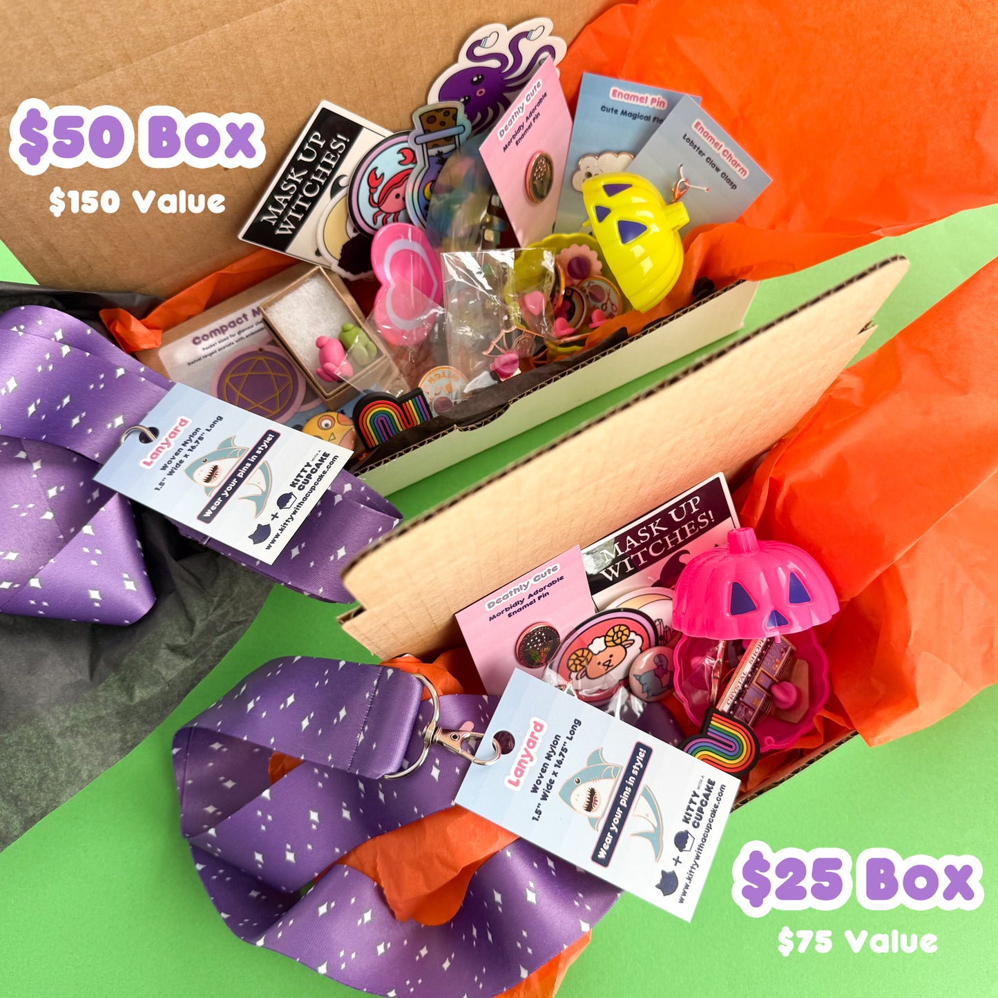 Two open boxes full of trinkets including pins, stickers, and lanyards with text reading "$50 Box $150 Value" and "$25 Box $75 Value"