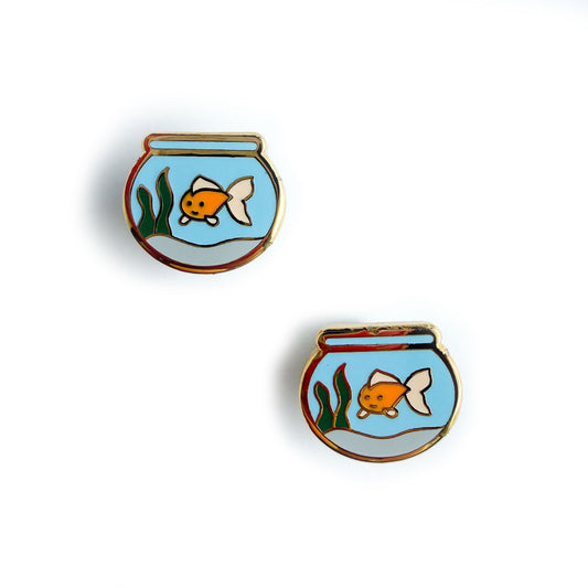 Post earrings shaped like goldfish bowls with enamel and gold details