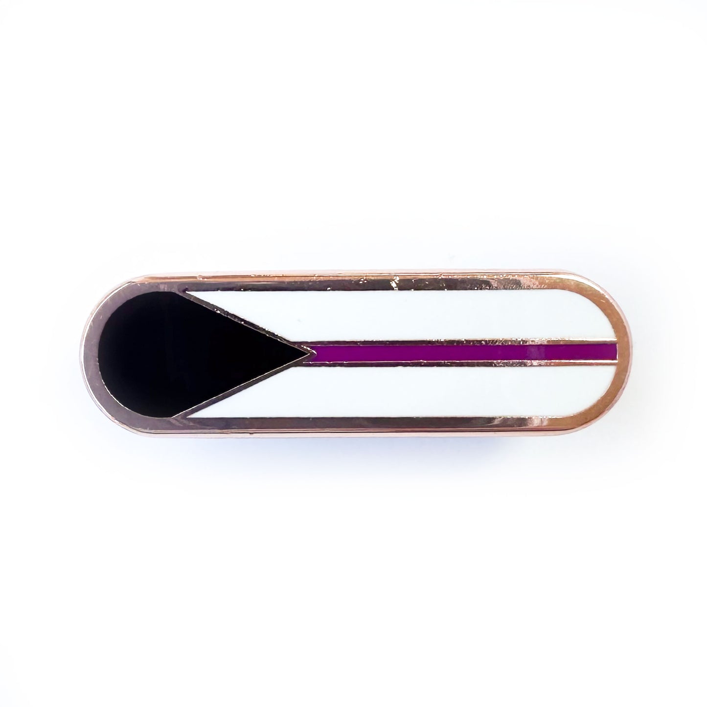 A bandaid pin with the elements of the Demisexual pride flag on it, a black triangle, purple stripe and white background.
