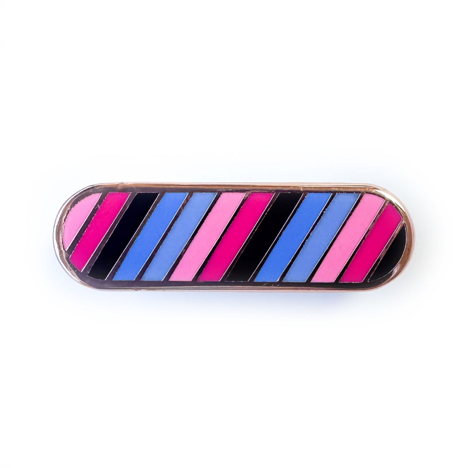 An oval shaped pin with diagonal stripes in the colors of the Omnisexual Pride Flag, pink, hot pink, navy blue, light blue and indigo.