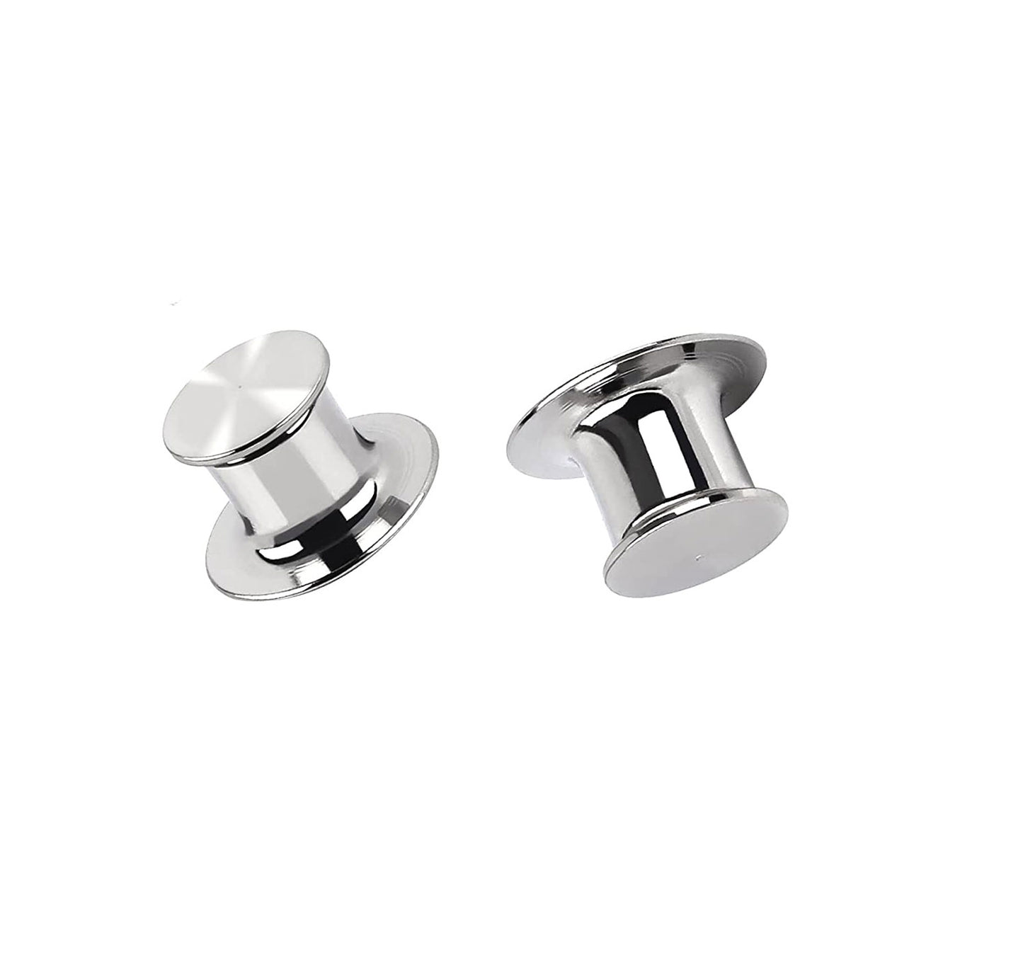 Two silver locking metal pin backs shaped like top hats.