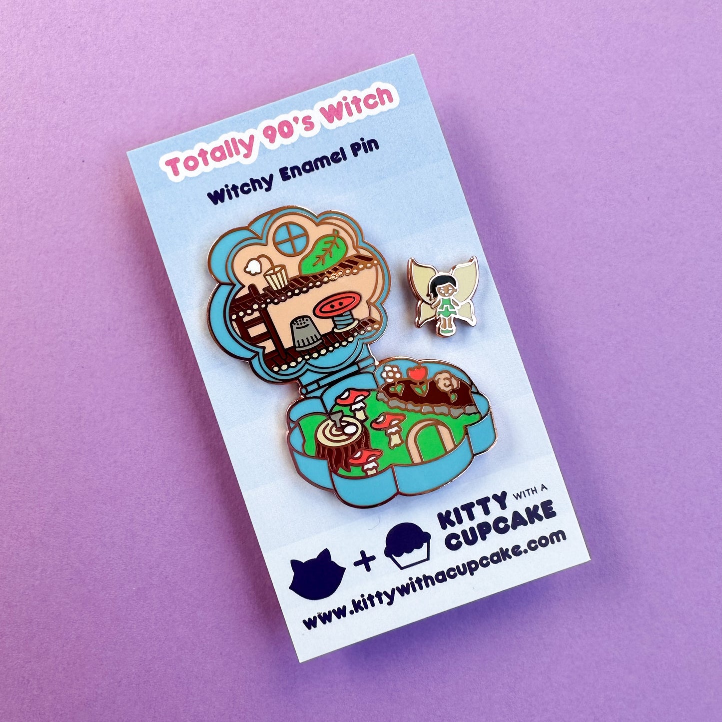 The Fairy Pocket pin set packaged on a backing card that reads "Totally 90's Witch - Witchy Enamel Pin"