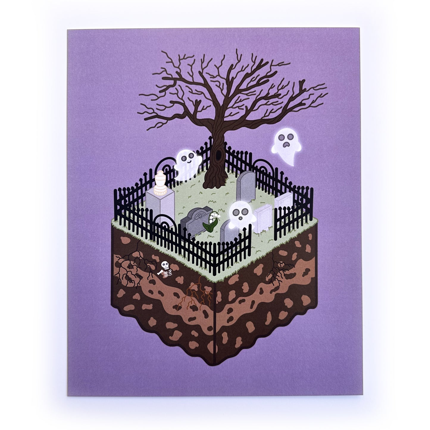 A rectangular print of a floating graveyard. The graveyard has an iron fence, gravestones, a bare tree, and three ghosts. The background of the print is purple.