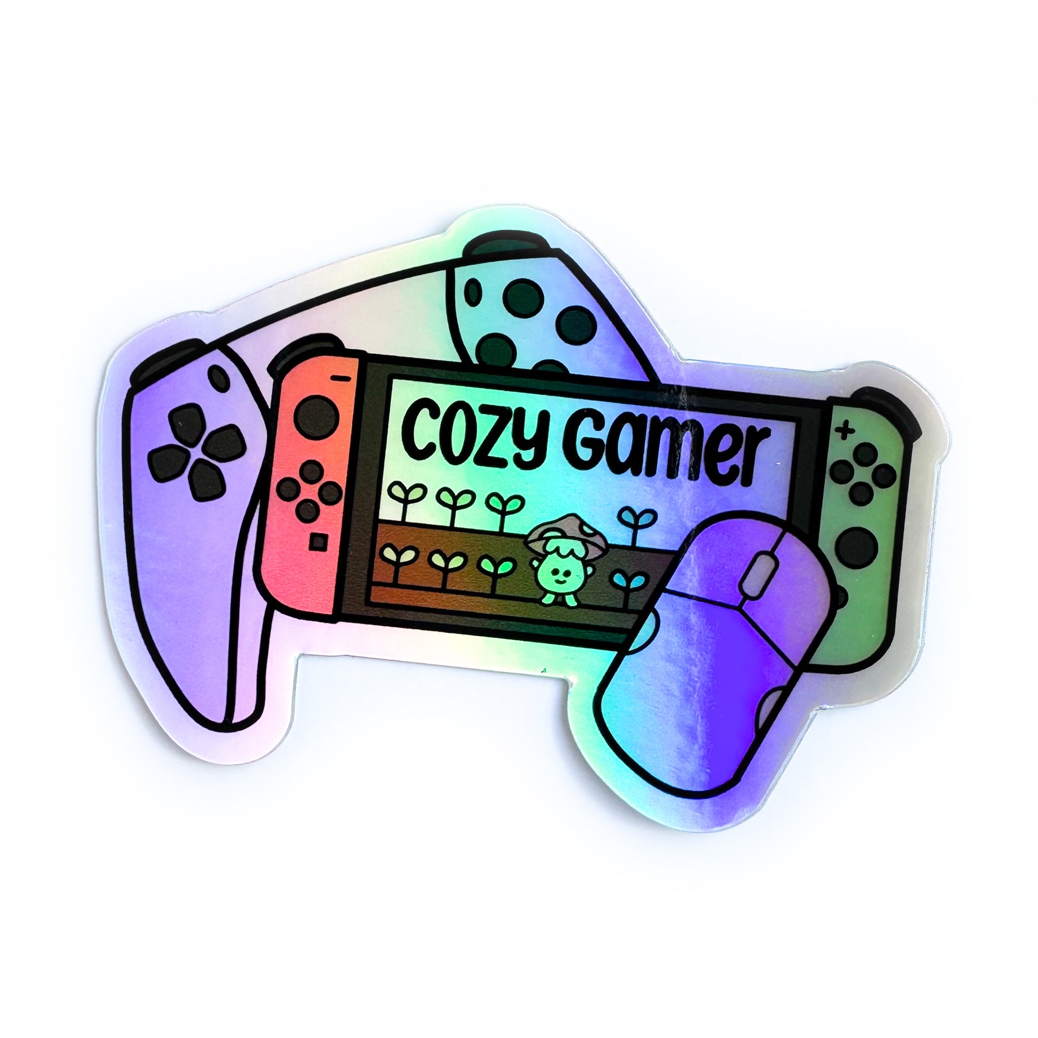 Cozy Gamer Holographic Sticker – Kitty With A Cupcake