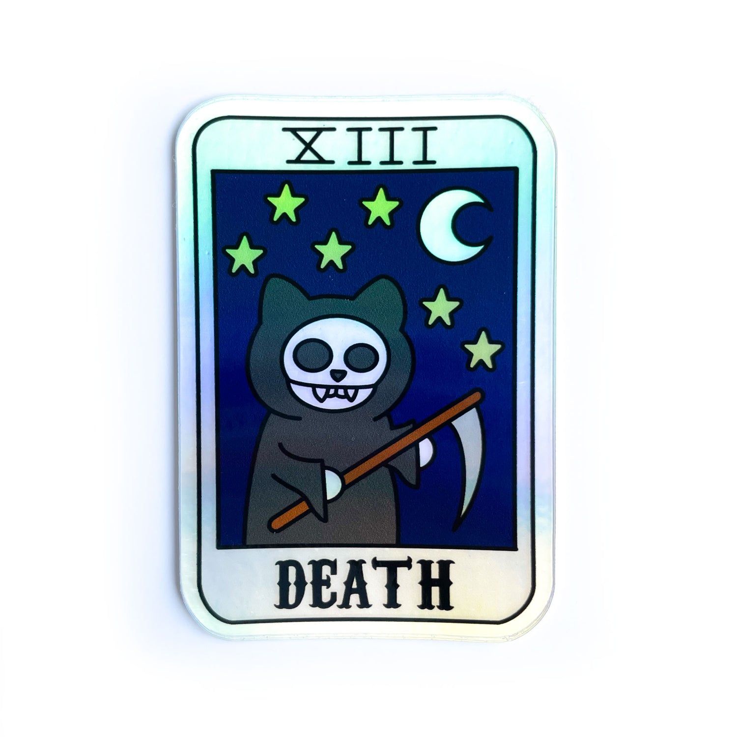 A holographic sticker shaped like a tarot card with a grim reaper cat with a night sky on it and the word "Death"
