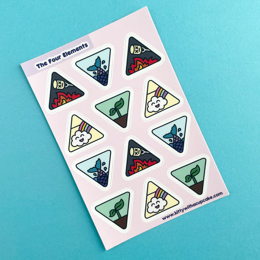 A sticker sheet with a pink background with different triangle stickers with different cute representations of the elements on it. There is a marshmallow roasting over a fire, a mermaid tail diving into water, a happy cloud with a rainbow, and a plant sprout coming out of the earth. The sticker sheet is on a blue background.