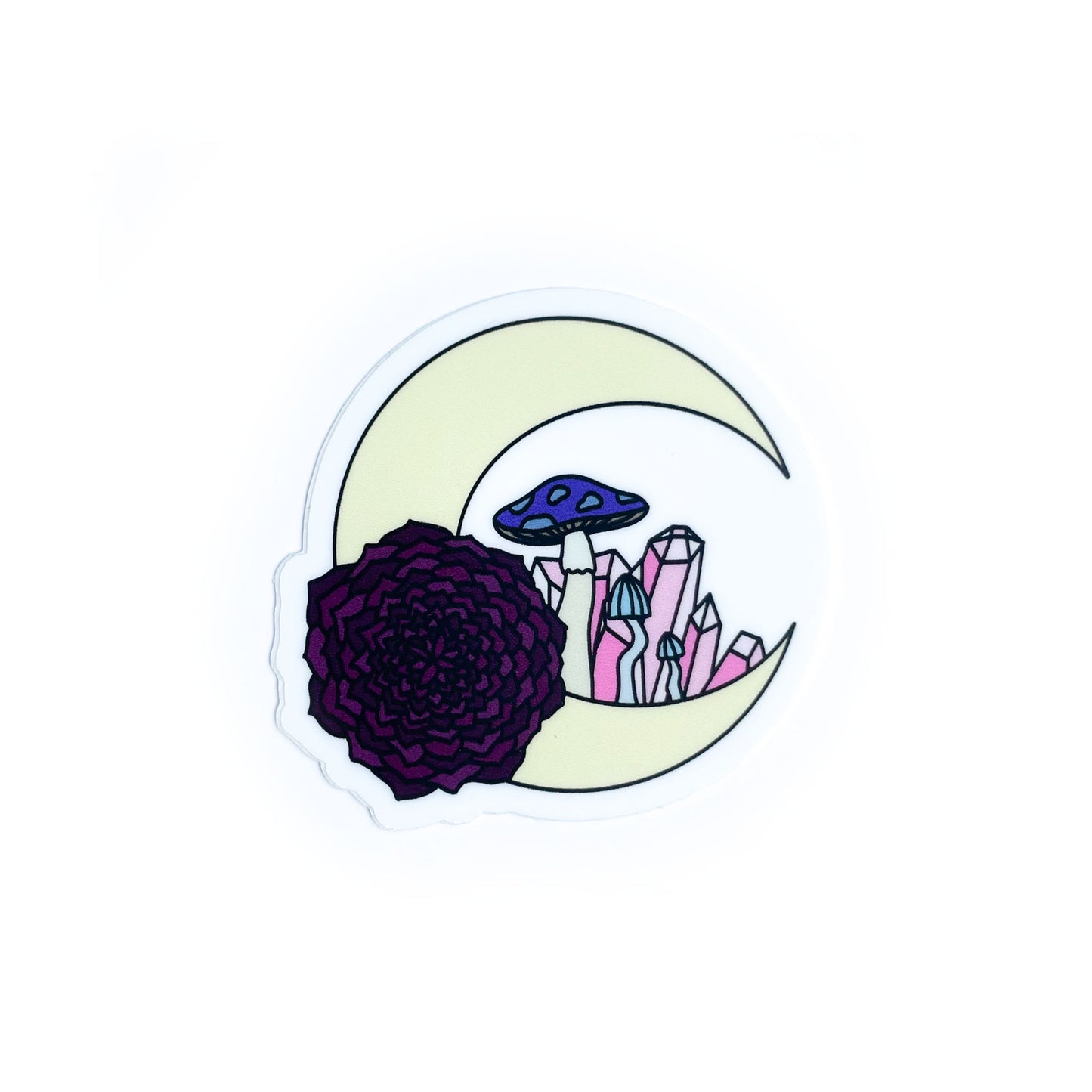 A crescent moon with crystals and mushrooms inside it.