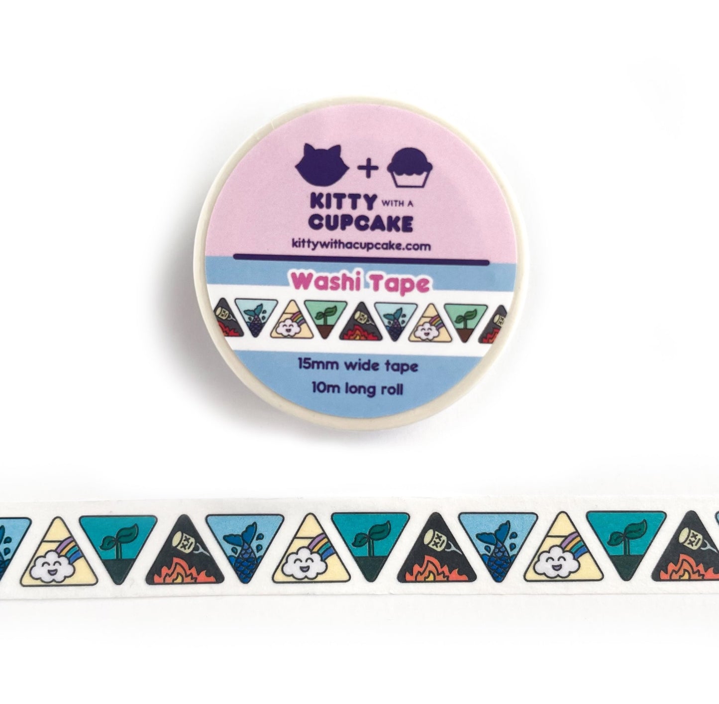 A roll of Elemental Washi Tape over a white piece of paper. The tape has a white background with alternating upside down and right side up triangles. The triangles feature cute symbols for each of the four elements. A happy cloud and rainbow for air, a sprouting plant for earth, a marshmallow over a flame for fire, and a mermaid tail splashing for water.
