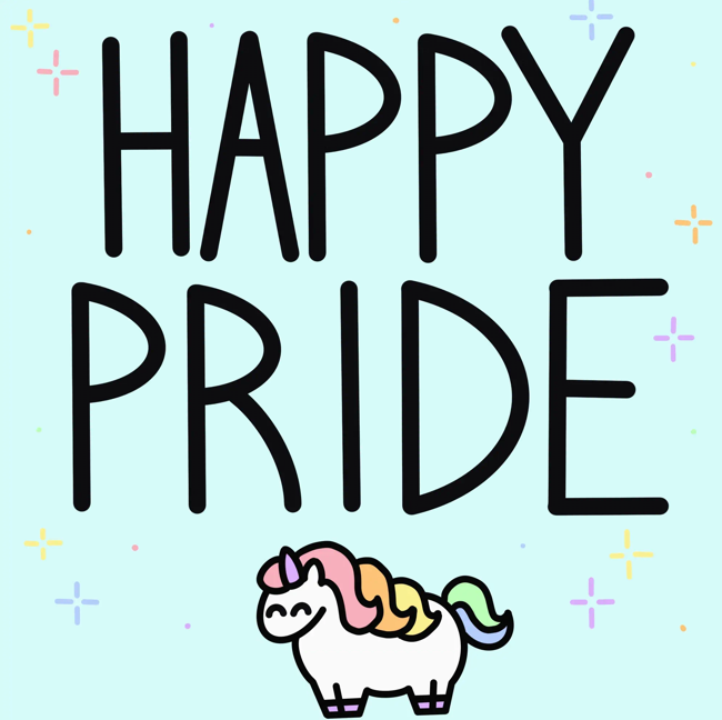 An illustration of a small chubby pastel unicorn with pastel sparkles around the words "HAPPY PRIDE"