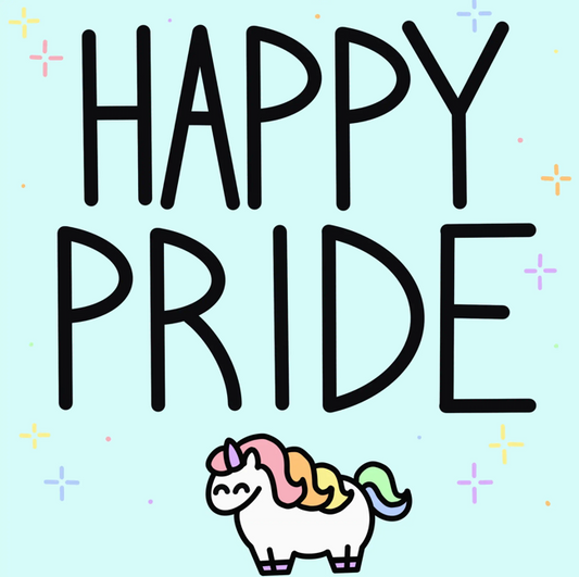 An illustration of a small chubby pastel unicorn with pastel sparkles around the words "HAPPY PRIDE"