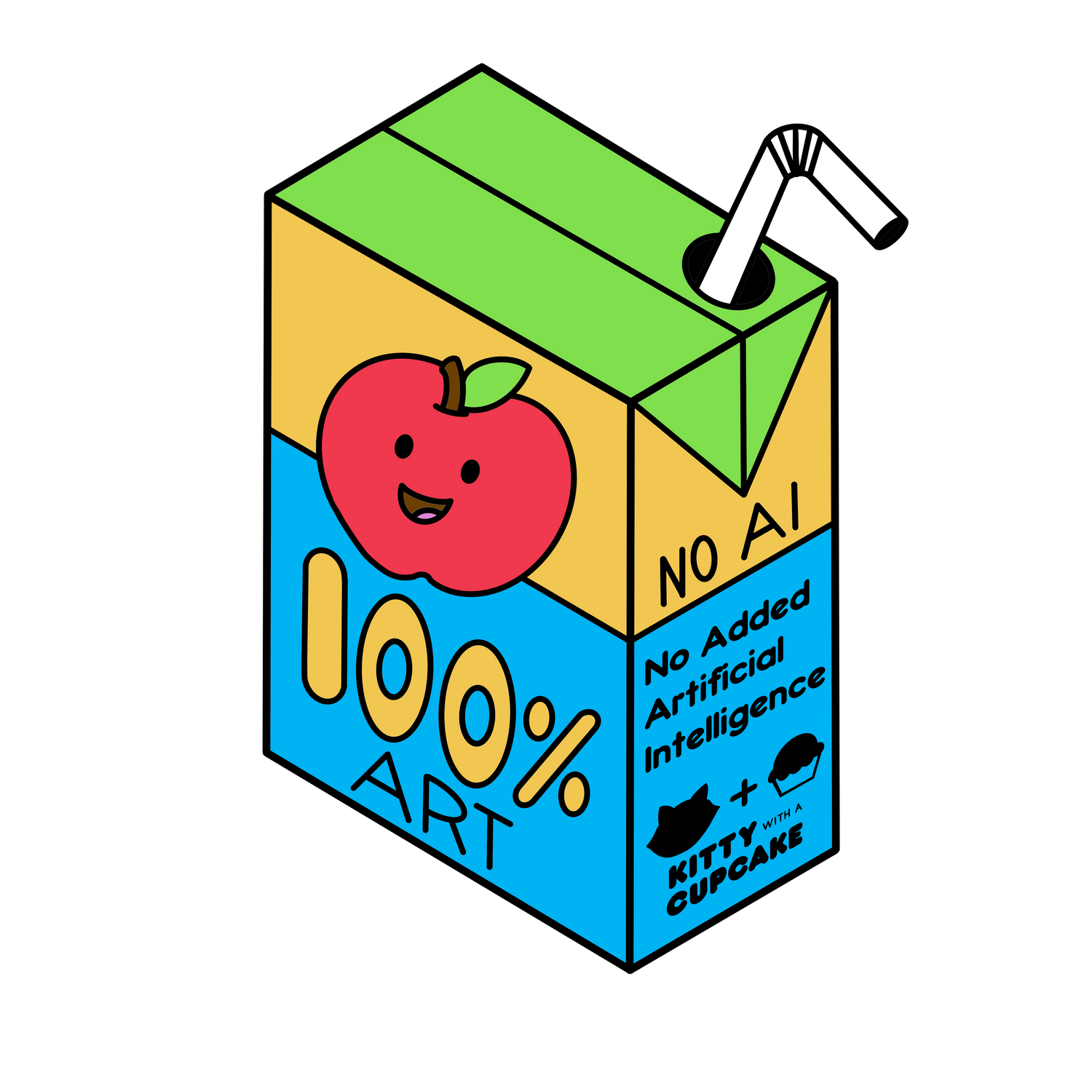 Juice box illustration, that reads "100% Art", "NO AI", and "No Added Artificial Intelligence". Kitty With A Cupcake logo on the bottom right corner. There is an apple with a smiling face on the front and a bendy straw at the top.