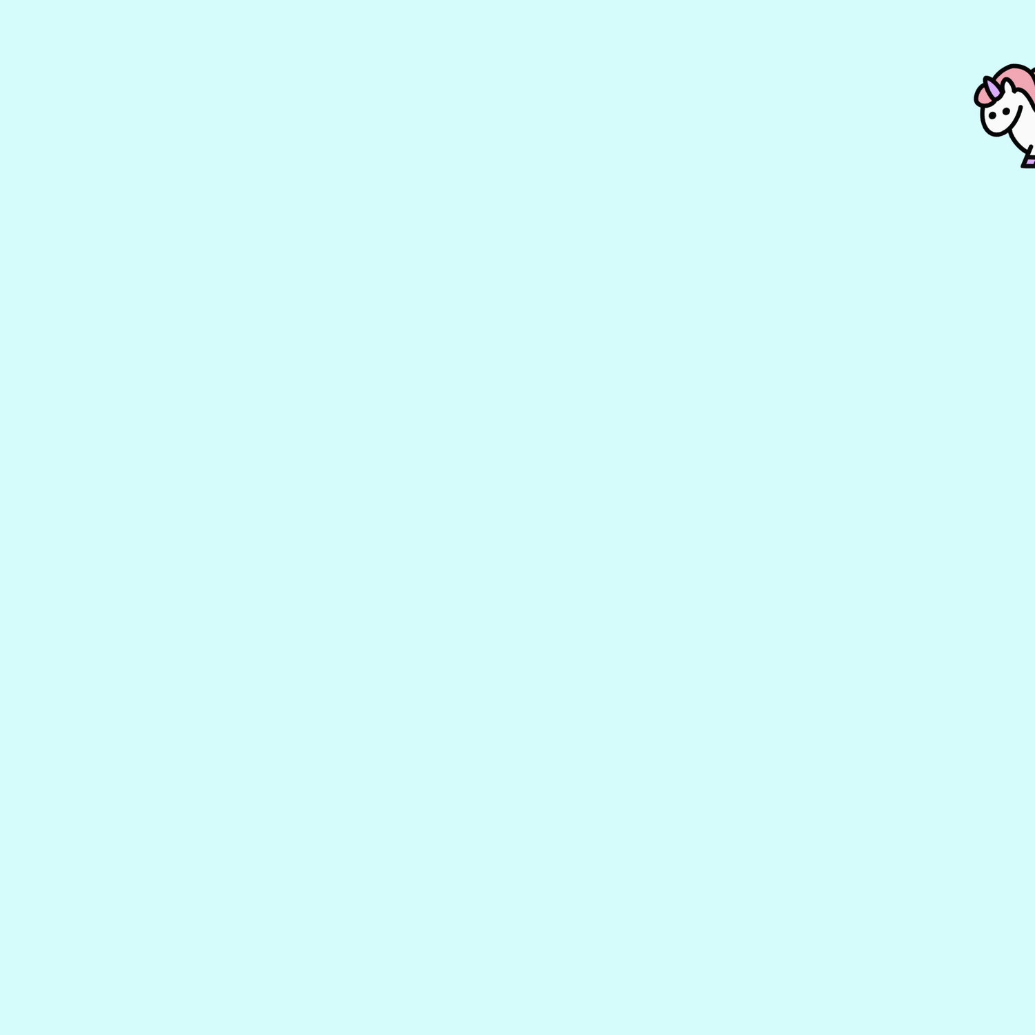 Pride GIF with a light blue background of a unicorn jumping down the page. The chubby white unicorn has a rainbow mane. It starts at the top of the page and jumps down landing at the bottom. The text "HAPPY PRIDE" in black text and all capitalized letters pops up when the unicorn lands. Pastel sparkles also appear then.