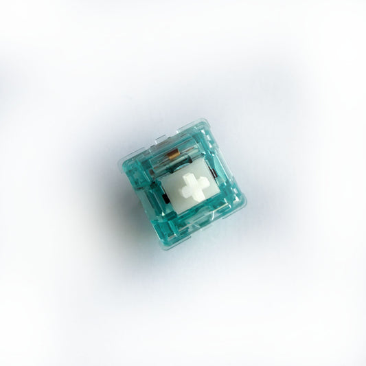 A tactile keyboard switch on a white background. The switch component is white, and the casing is a translucent blue.