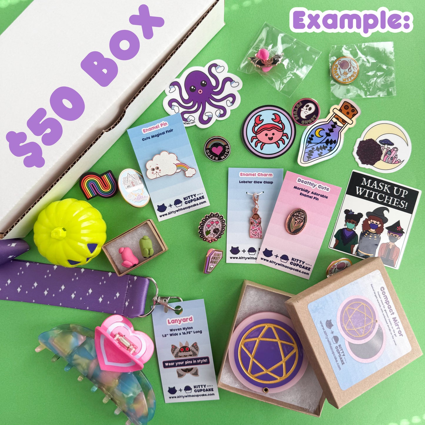 Collection of colorful pins, stickers, a lanyard, a mirror, and small items next to a white box on a green background with text reading "$50 Box" and "Example:" 