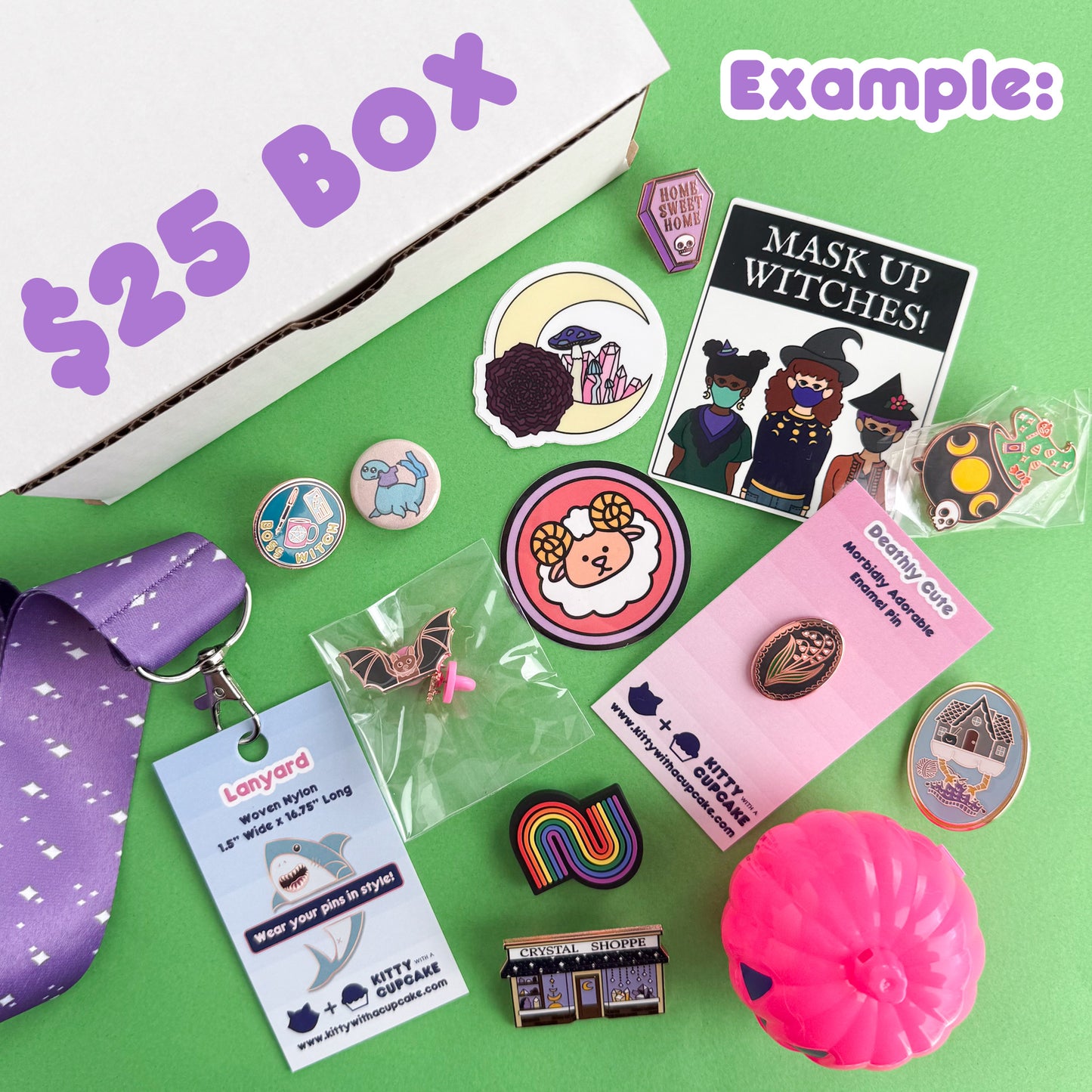 Collection of colorful pins, stickers, a lanyard, and small items next to a white box on a green background with text reading "$25 Box" and "Example:" 