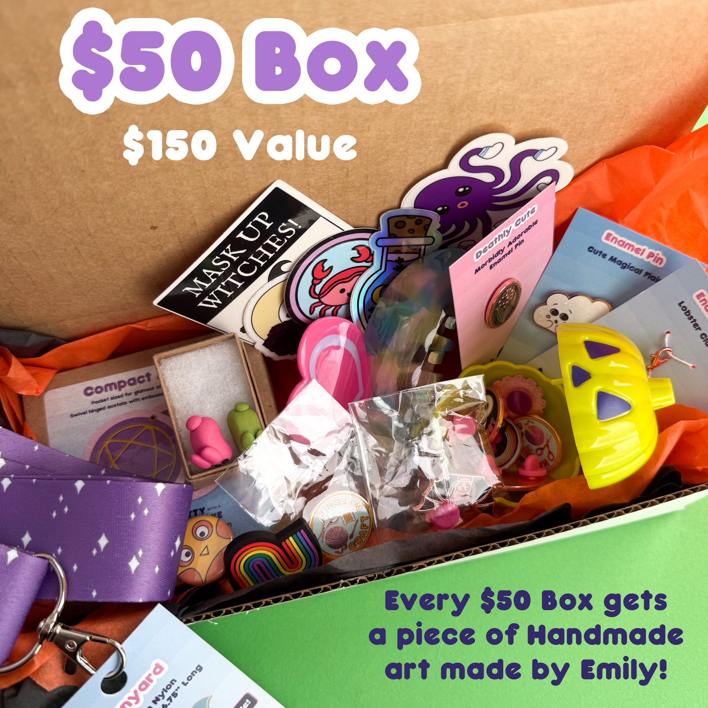 A box packed full of Kitty With A Cupcake items including stickers, pins, charms, big claw clip, and lanyard. There is text reading "$50 Box $150 Value" and "Every $50 Box gets a piece of handmade art made by Emily!" 