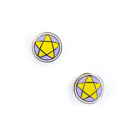 Stud earrings in the shape of pentacles with a bright yellow star, purple background and pastel pink outer ring.