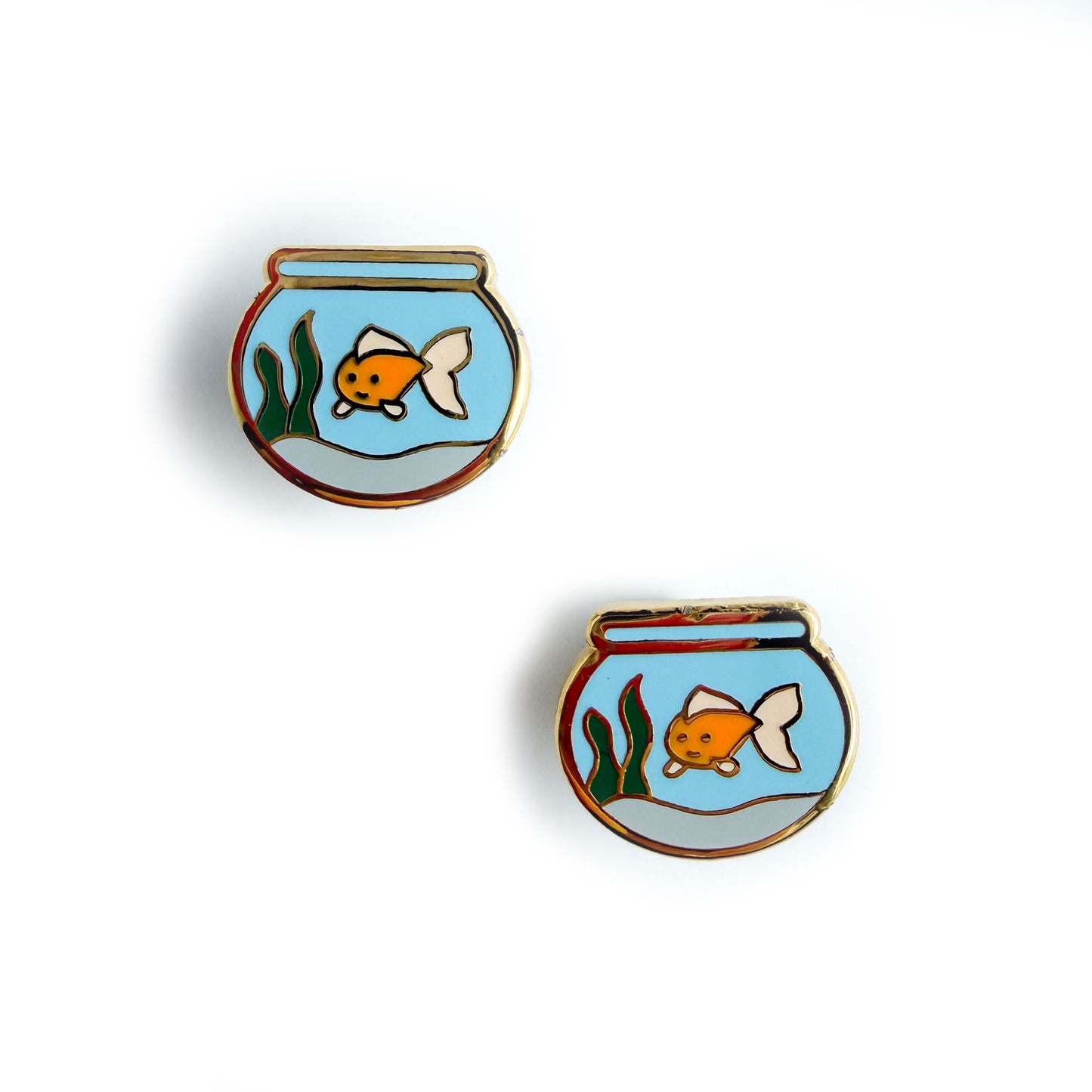 Post earrings shaped like goldfish bowls with enamel and gold details