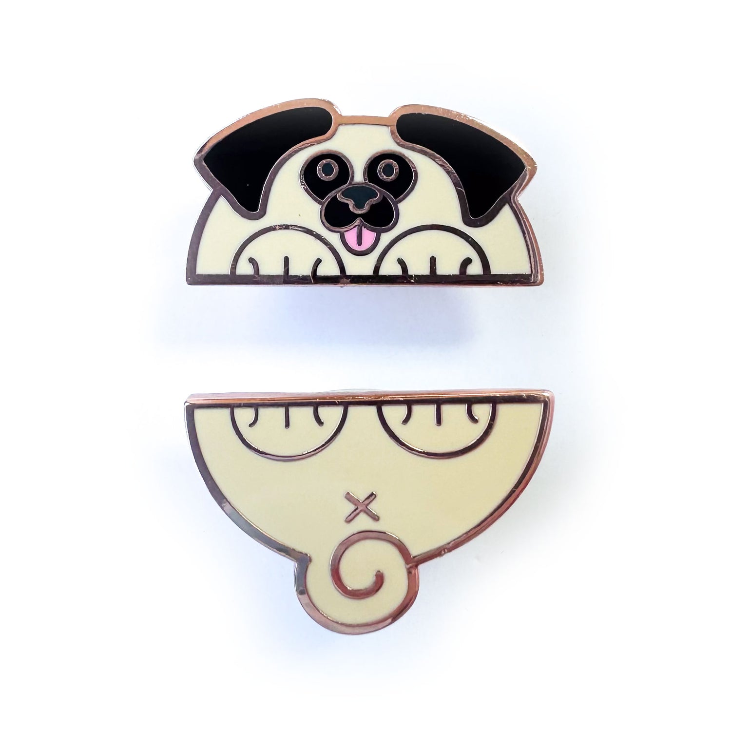 Two enamel pins that come together in the middle to form a pug dog, the top half is the head and front paws and the bottom is the tail and back paws. 