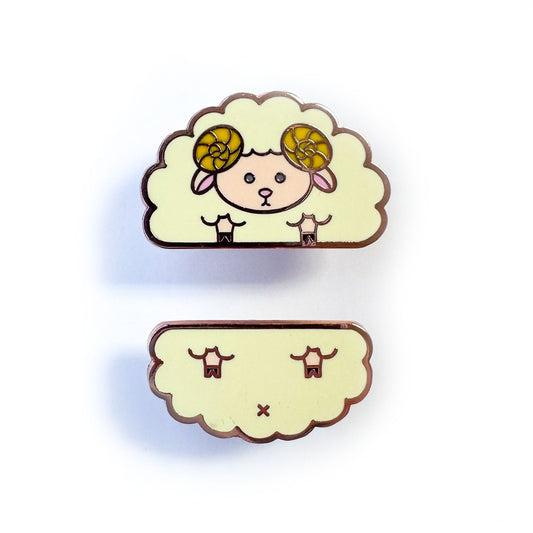 Two enamel pins that come together to form a cute sheep, the top of the pin is the head and front legs and the bottom is the back legs and butt. 