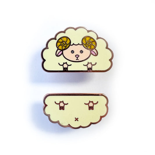 Two enamel pins that come together to form a cute sheep, the top of the pin is the head and front legs and the bottom is the back legs and butt.