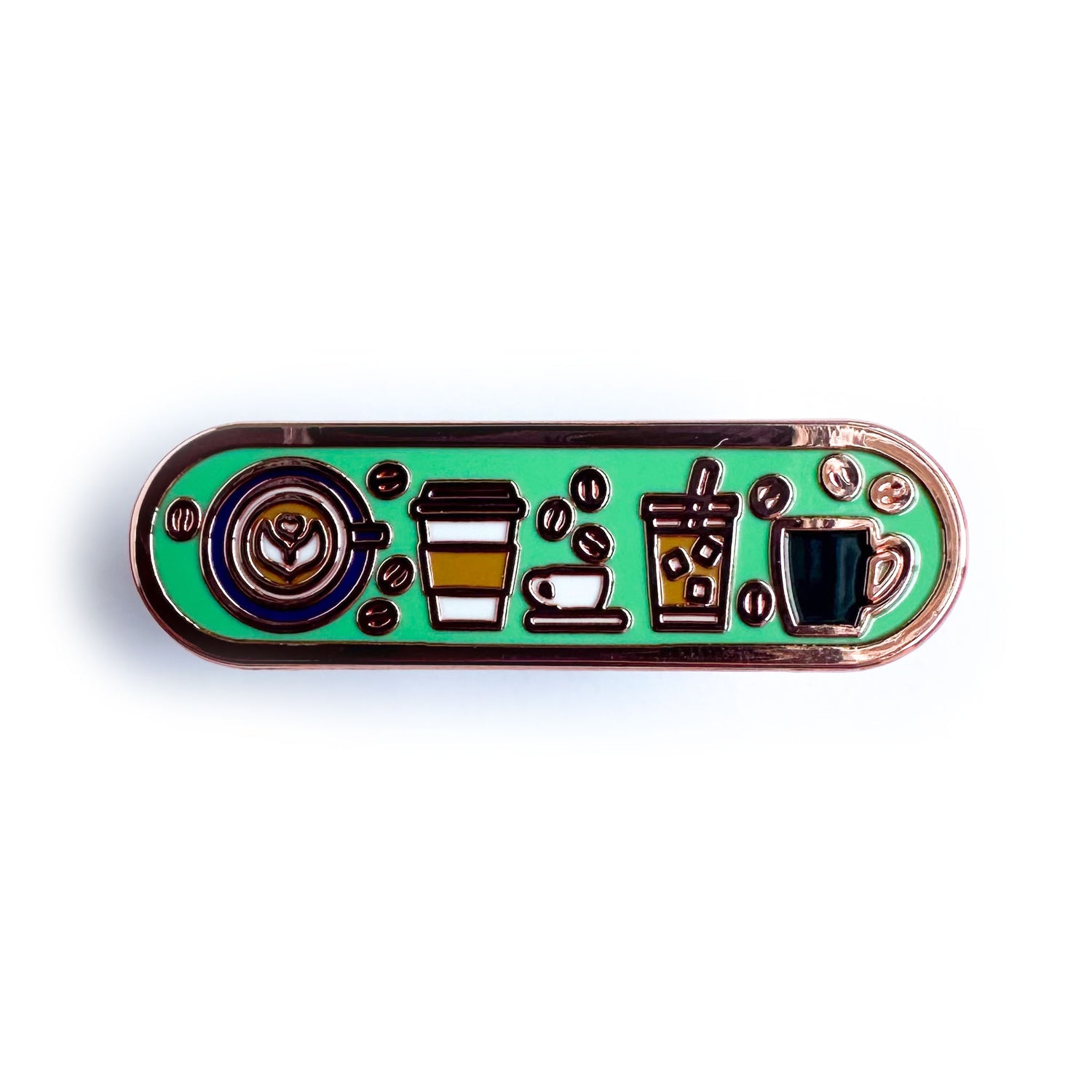 A capsule shaped enamel pin with illustrations of different coffee drinks on it including a latte with latte art, to-go hot drink, espresso cup, iced coffee and coffee mug. There are little coffee beans around these drinks. 