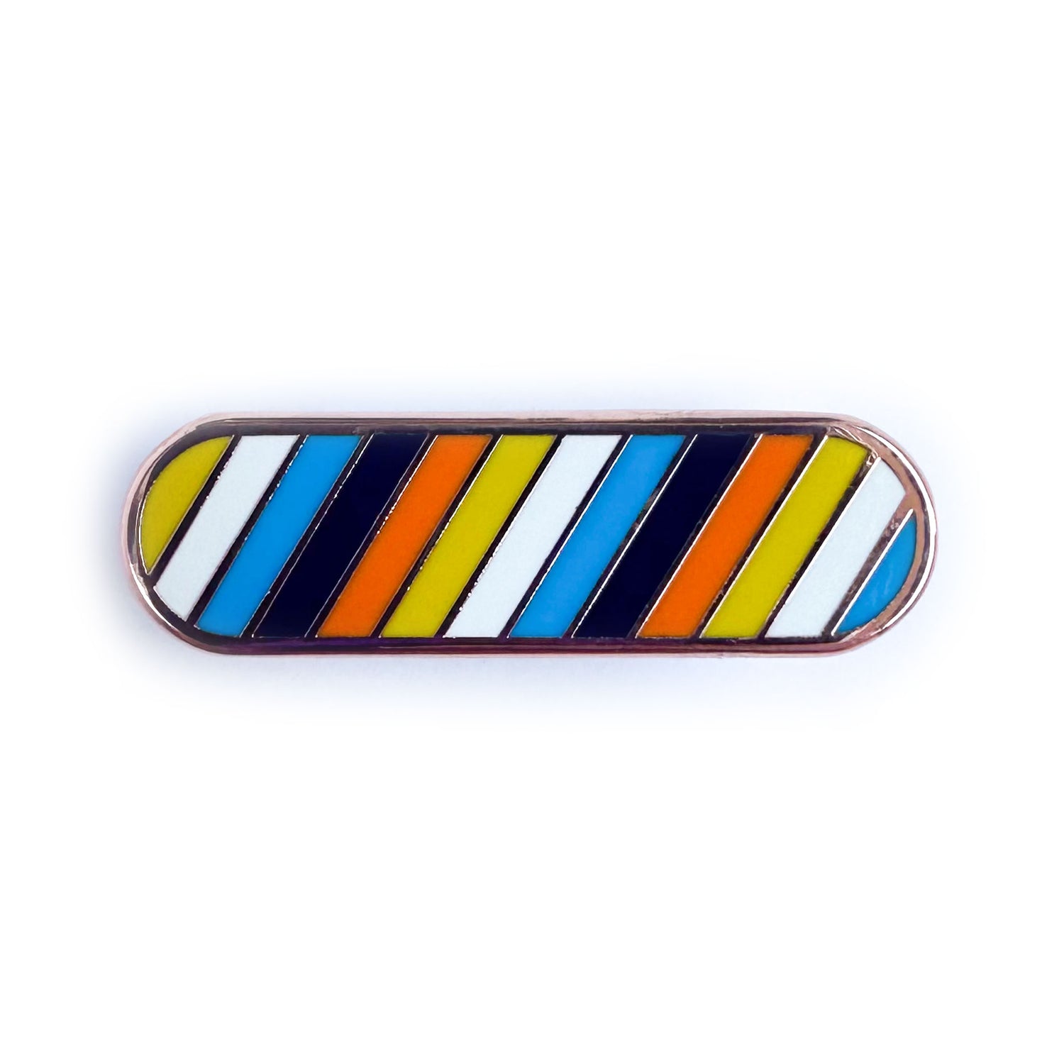 A capsule shaped enamel pin in the colors of the Aroace Pride Flag