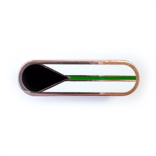 A bandaid shaped pin with the imagery of the Demiromantic pride flag on it, a black triangle an da green stripe on a white background. 