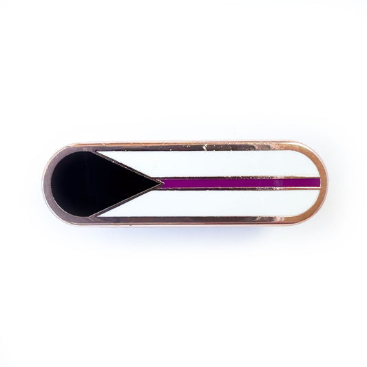 A bandaid pin with the elements of the Demisexual pride flag on it, a black triangle, purple stripe and white background.