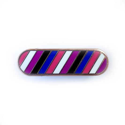 A oval shaped enamel pin with diagonal stripes in the colors of the Gender Fluid pride flag. 