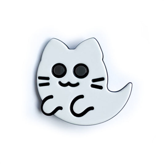 An acetate hair clip shaped like a ghost kitty, with a cute kitty mouth and whiskers.