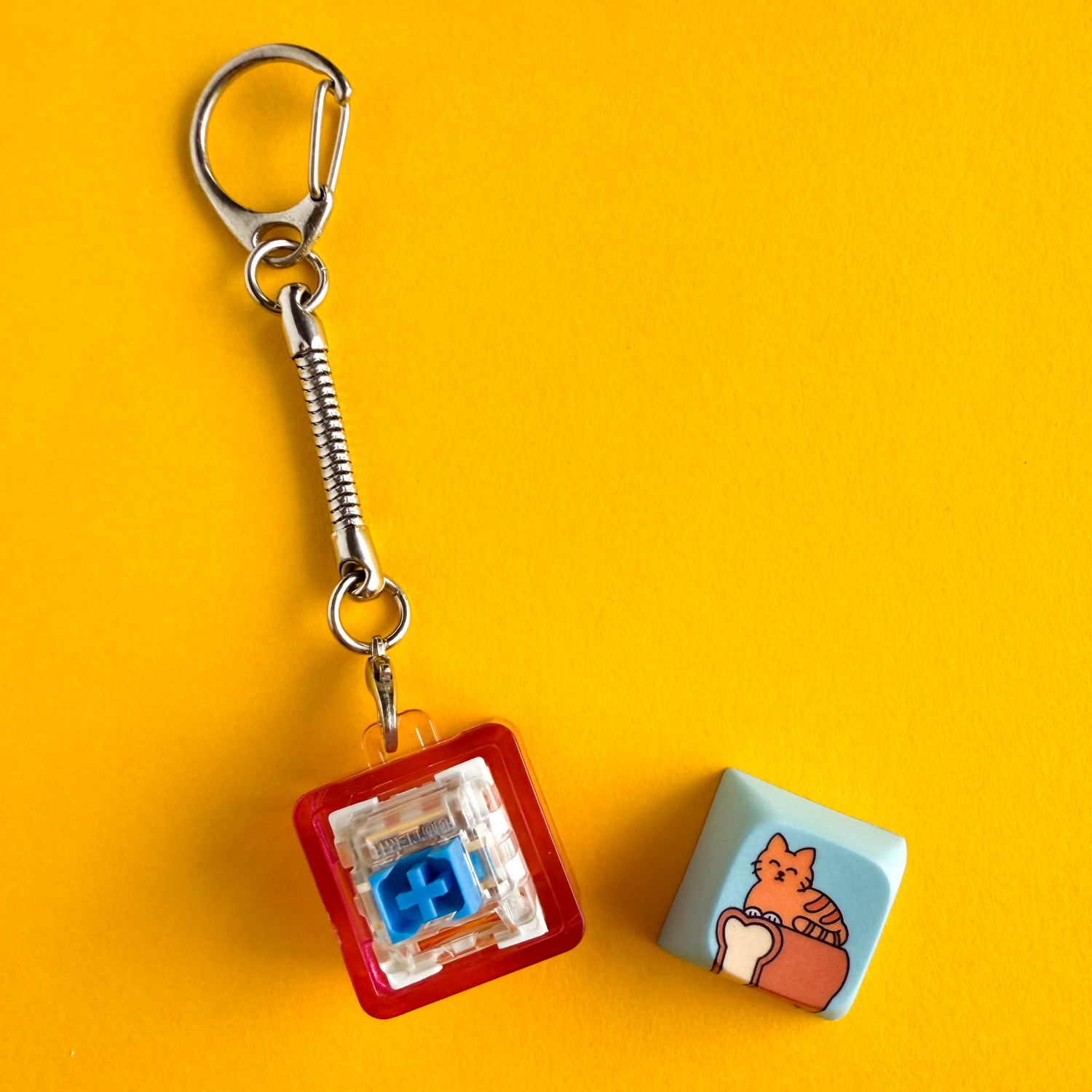 A Clicky Cat keychain with the keycap removed to show a blue Gateron switch inside. The keycap is to the side and features an orange cat on top of a loaf of bread with a blue background. 