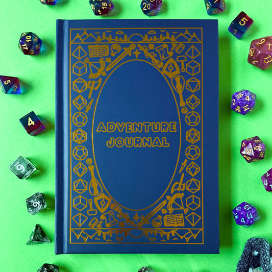 The Adventure Journal displayed on a green background surrounded by dice. 