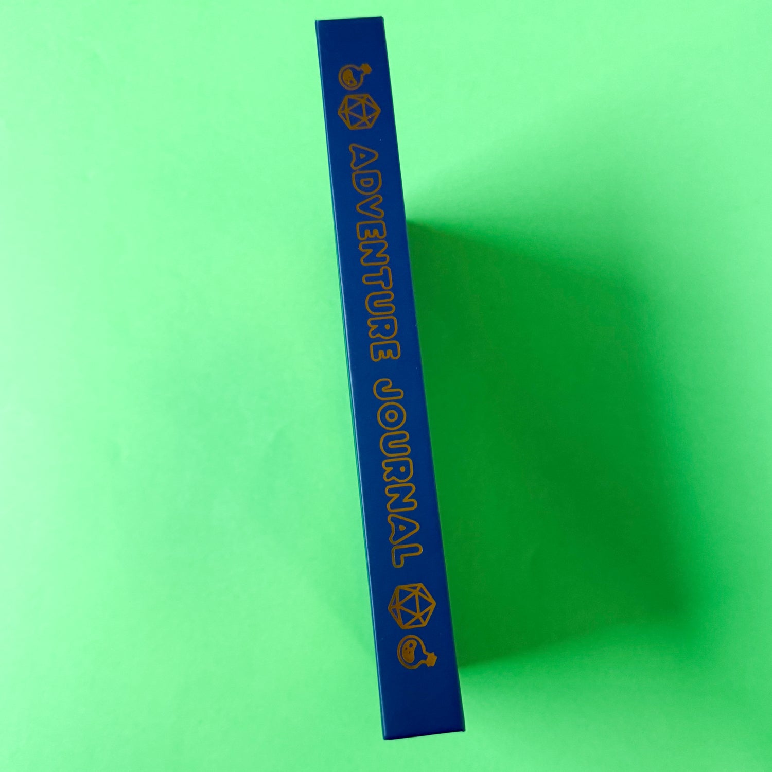 The edge of the Adventure Journal with the title in bubble letters surrounded by illustrations of dice, and potion bottles. All details in gold foil.