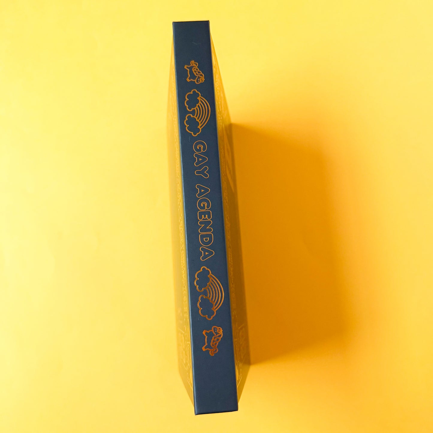 The spine of the Gay Agenda. The spine features the title in bubble letters surrounded on each side by a cubby unicorn and a rainbow, all of which is in gold foil.