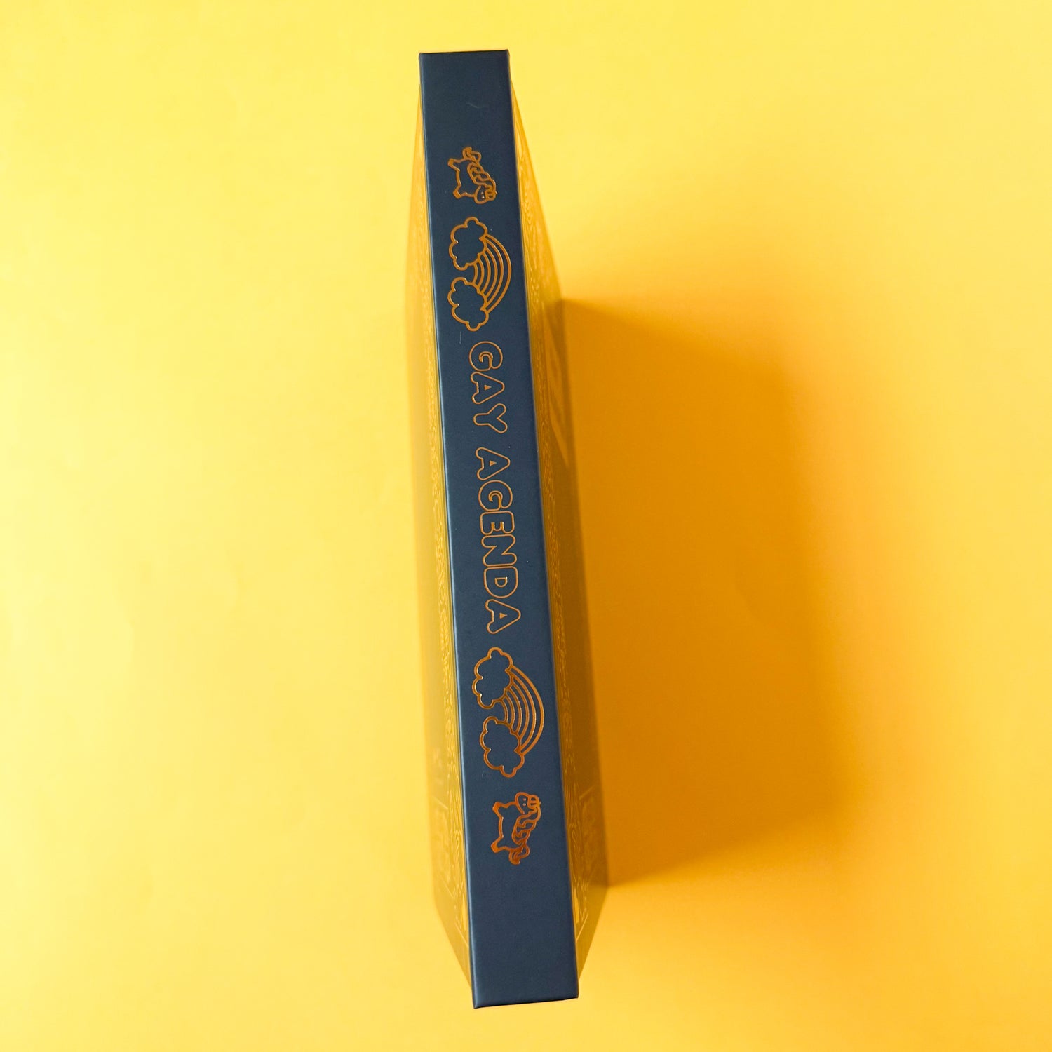 The spine of the Gay Agenda. The spine features the title in bubble letters surrounded on each side by a cubby unicorn and a rainbow, all of which is in gold foil.