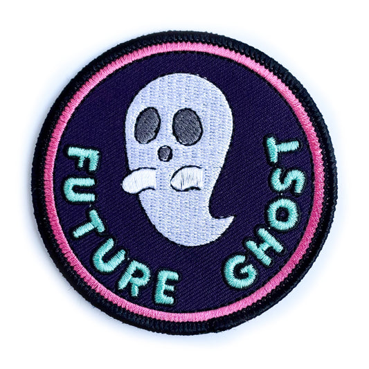 An embroidered patch with a cute image of a ghost that reads "Future Ghost" underneath it. 