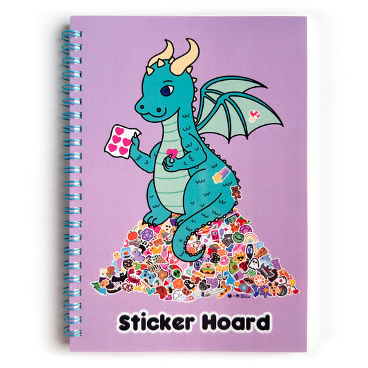 A spiral bound notebook with a lavender cover with an illustration of a teal dragon holding stickers and sitting on top of a giant pile of stickers. Underneath the dragon are the words "Sticker hoard"