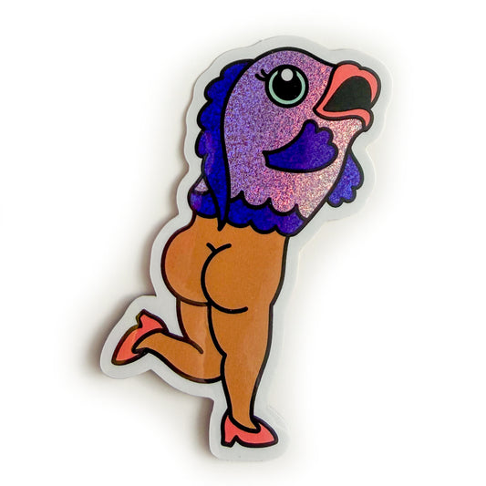 A glittery vinyl sticker of an illustration of a reverse mermaid, a fish on top and a nude lady on the bottom with cheeks out and high heels on. 