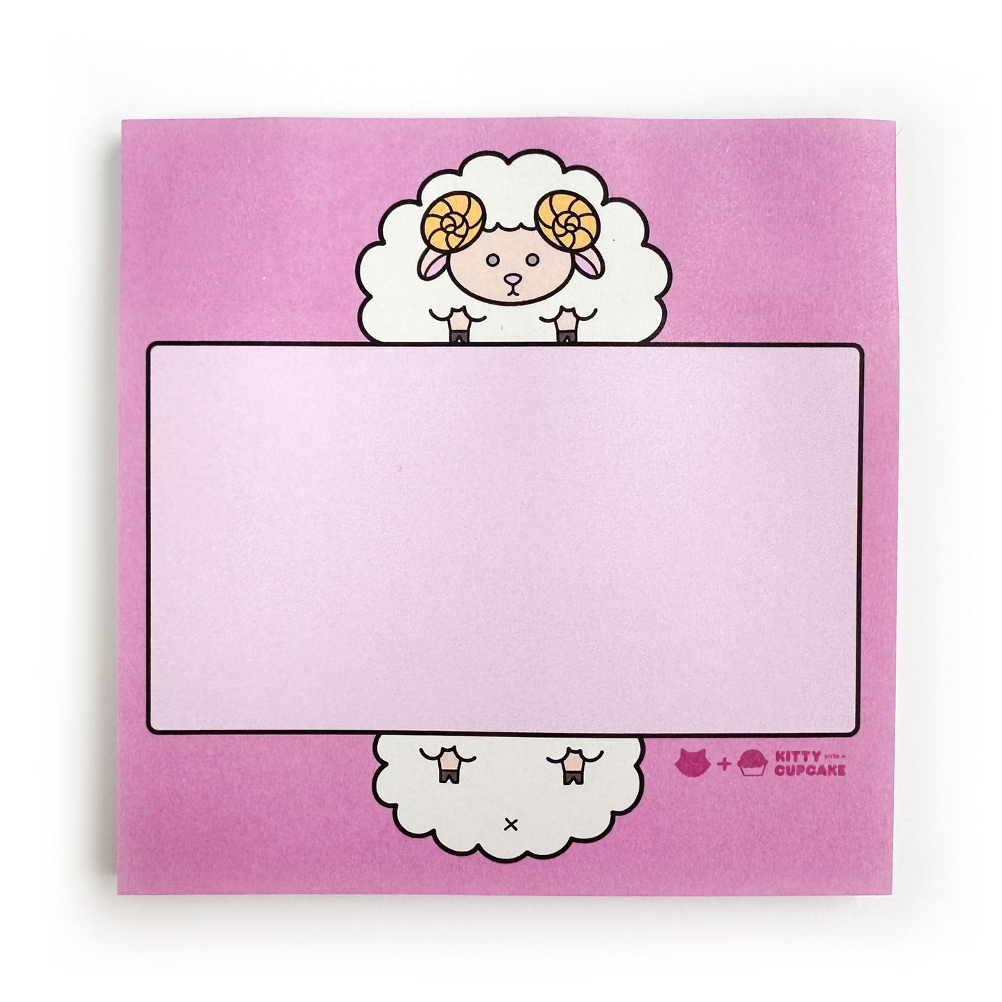 Square sticky notes that are pink with a cute sheep illustration holding a lighter pink box. 