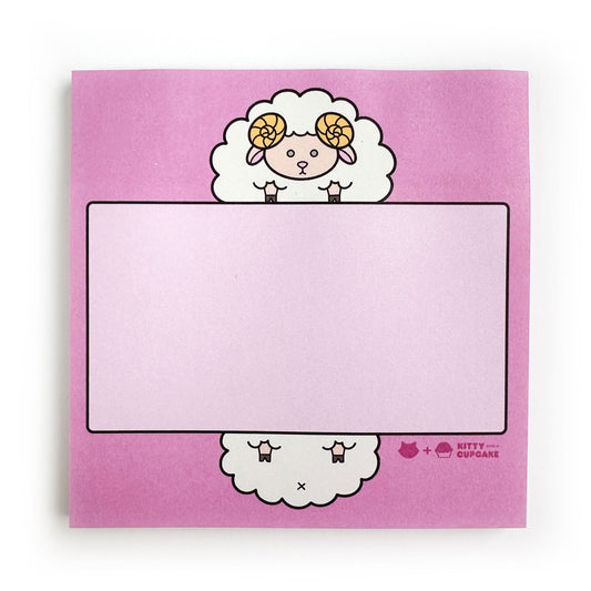 Square sticky notes that are pink with a cute sheep illustration holding a lighter pink box.