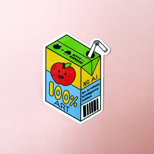 The 100% Art juice box sticker on a light pink background.