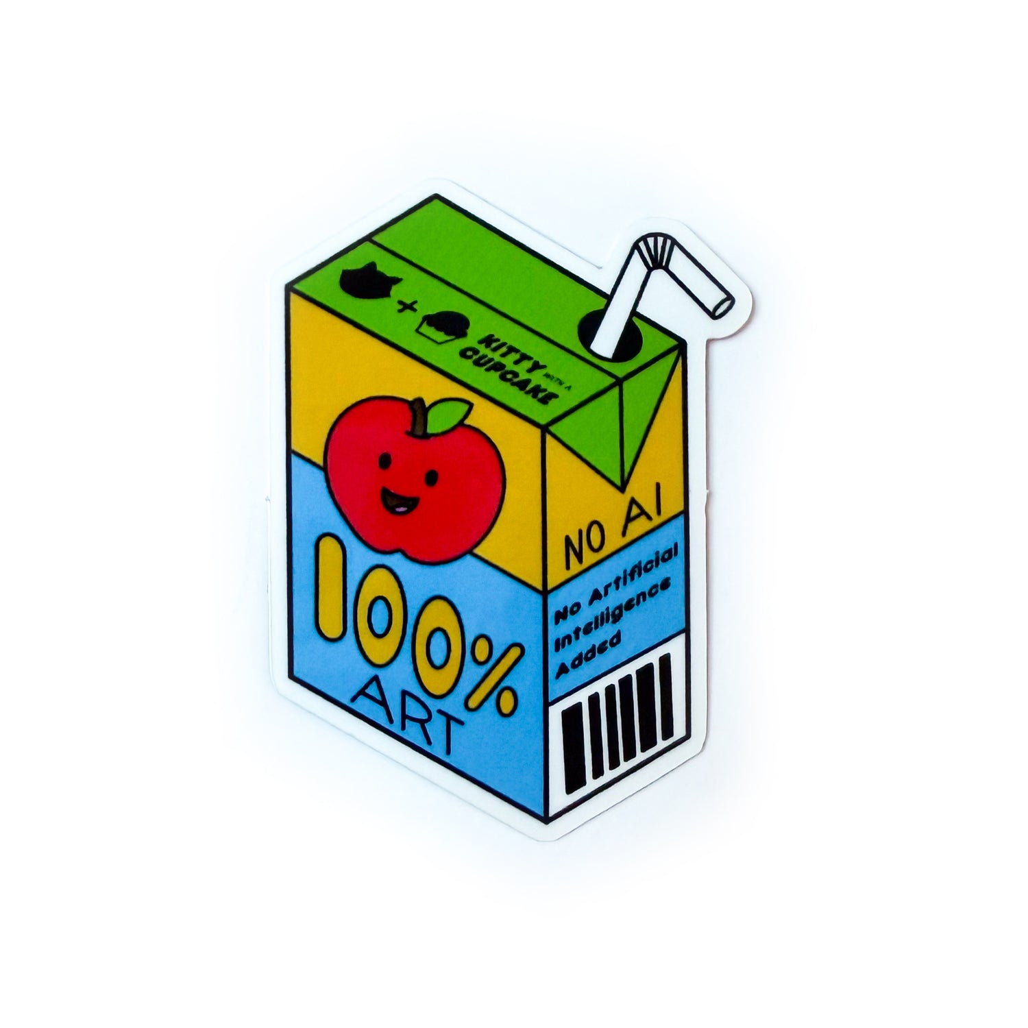 A sticker depicting a cartoonish illustration of a juice box. The juice box is green, yellow, and blue with a smiling red apple on the front. The juice box is titled “100% Art” on the front, with an ingredient list on the side reading “No AI. No Artificial Intelligence Added”. There is also the Kitty With a Cupcake logo on the top of the juice box.