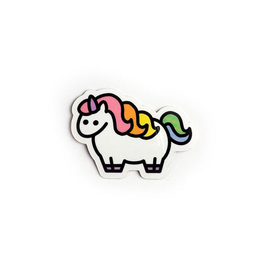 A vinyl sticker in the shape of a cute illustration of a chubby unicorn cartoon. The unicorn has a pastel rainbow mane and tail and purple horn.