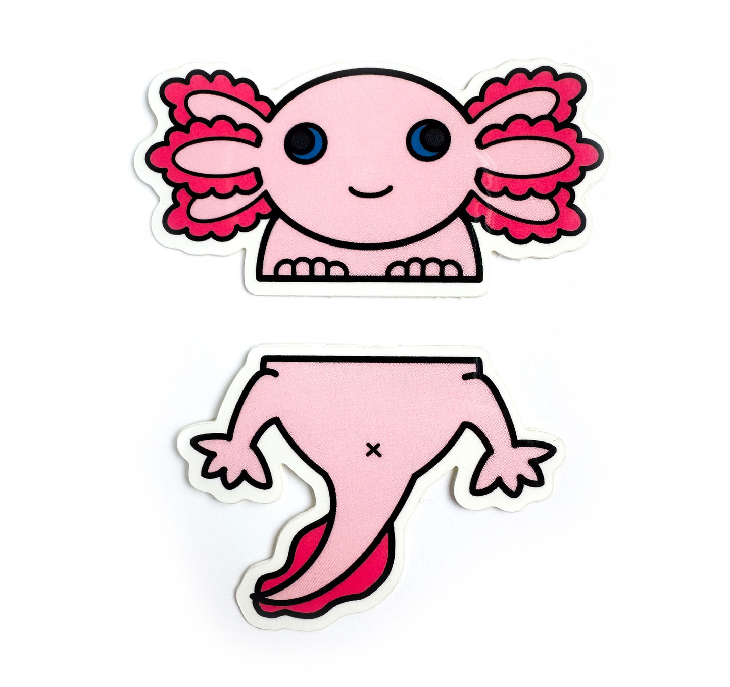 Two vinyl stickers that form a cute Axolotl illustration that is separated horizontally across its middle. 