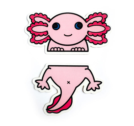 Two vinyl stickers that form a cute Axolotl illustration that is separated horizontally across its middle.
