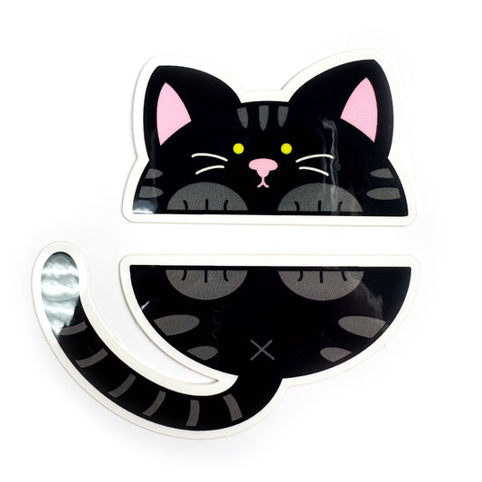 Two stickers that come together to form the top half and bottom half of a cute black cat cartoony illustration.