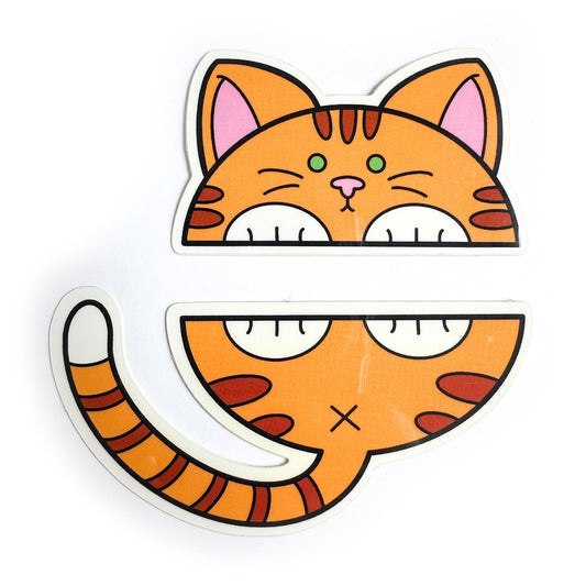 Two stickers that come together to form a cute illustration of an orange cat with white paws.