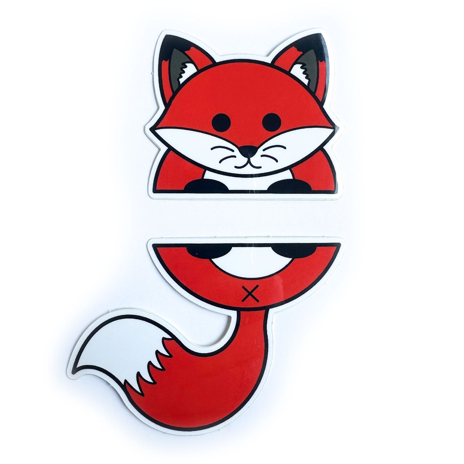 Two stickers that come together to form the top and bottom half of a red fox.